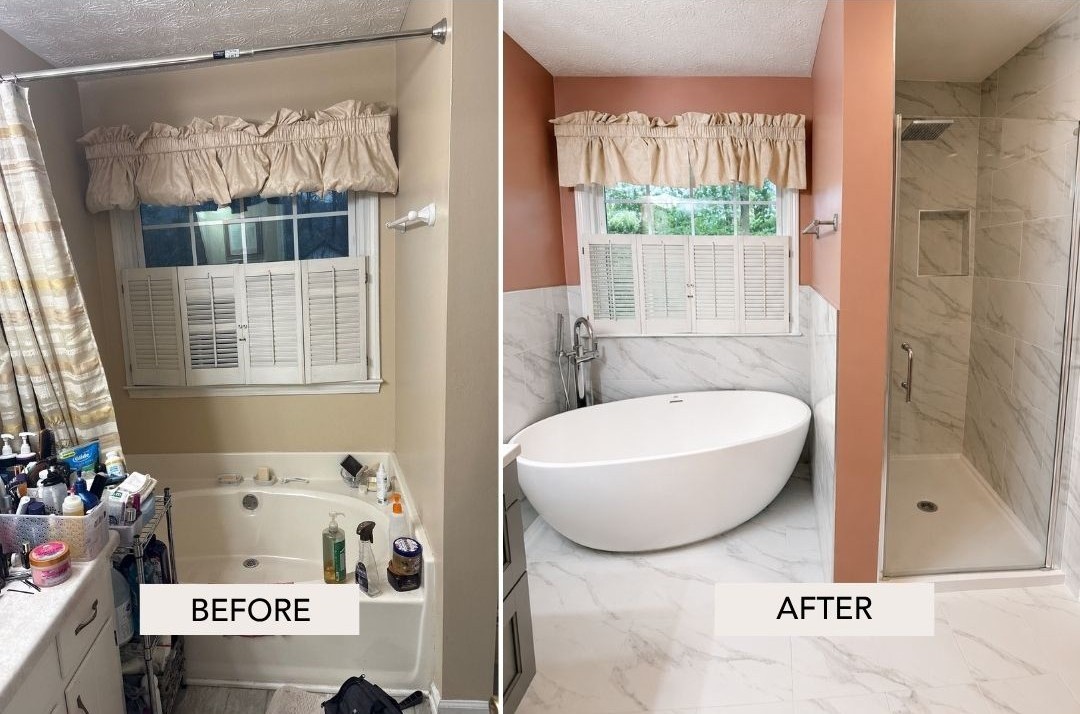 Before and after luxury bathroom remodel with freestanding tub and glass shower, North Atlanta
