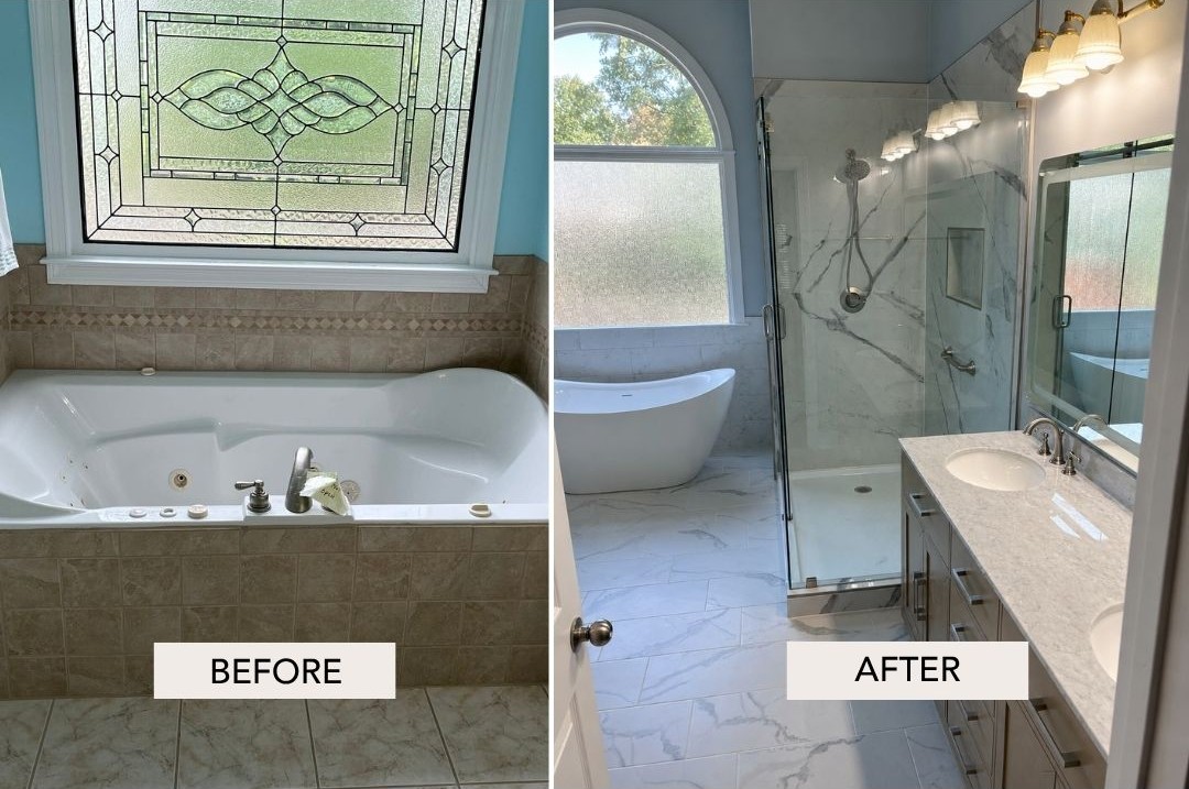 Before and after primary bathroom remodel with glass shower, freestanding tub, and marble tile, North Atlanta
