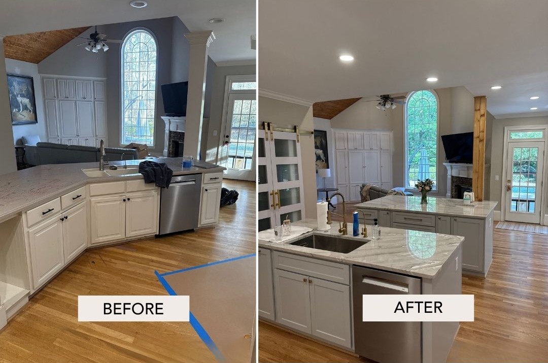 Before and after open concept kitchen island remodel, North Atlanta