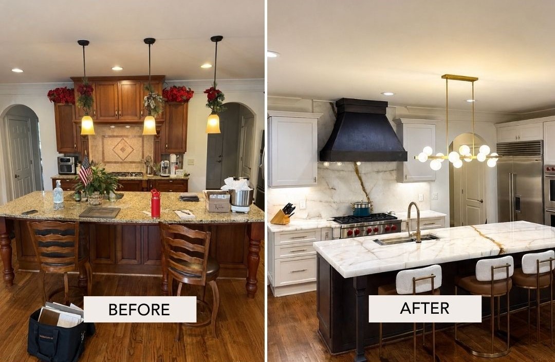 Before and after kitchen renovation with new white cabinetry and marble backsplash, North Atlanta