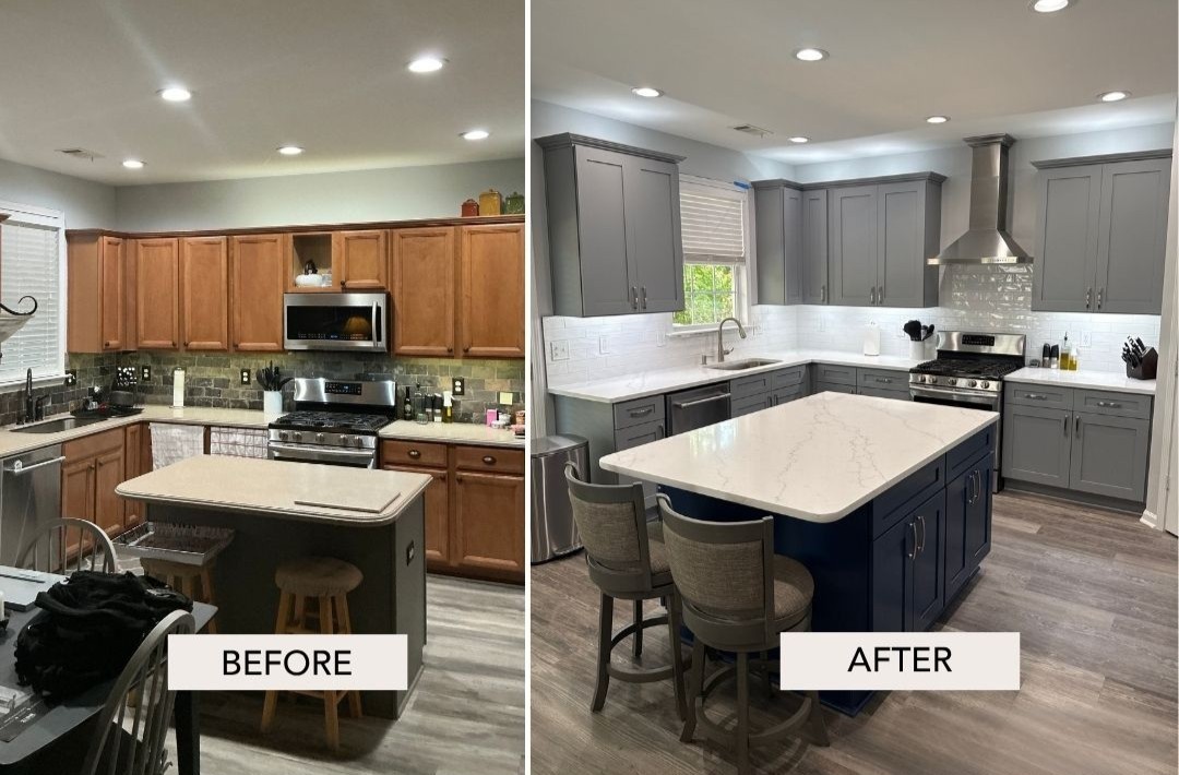 Before and after kitchen remodel with charcoal-gray cabinetry and quartz island, North Atlanta
